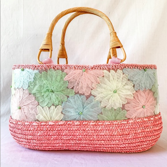 Floral woven Tote with Bamboo Handles - Picture 6 of 8